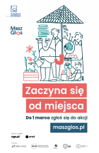 plakat z grafiką (Grupa osób wykonująca różne czynności pod jednym parasolem)