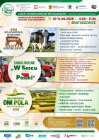 plakat z tekstem oraz zdjęciem krowy, traktorów i upraw