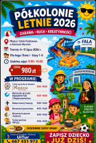 plakat informujący o półkoloniach letnich;, grafika atrakcji letnich