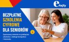 plakat ze zdjęciem seniorki i osoby młodszej przy laptopie